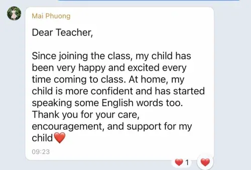 Tin nhắn Zalo của phụ huynh Mai Phương về trải nghiệm của con tại Stemhouse