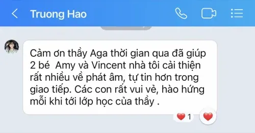 Tin nhắn Zalo của chị Trương Hao cảm ơn thầy Aga đã giúp Amy và Vincent cải thiện phát âm và tự tin giao tiếp