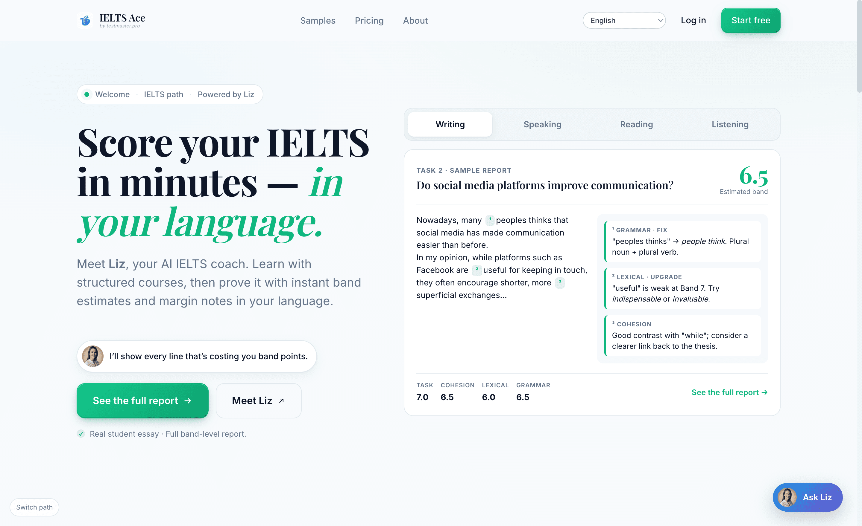 testmaster.pro IELTS landing — Score your IELTS in minutes, in your language
