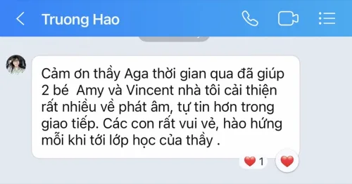 Tin nhắn Zalo của chị Trương Hao cảm ơn thầy Aga đã giúp Amy và Vincent cải thiện phát âm và tự tin giao tiếp